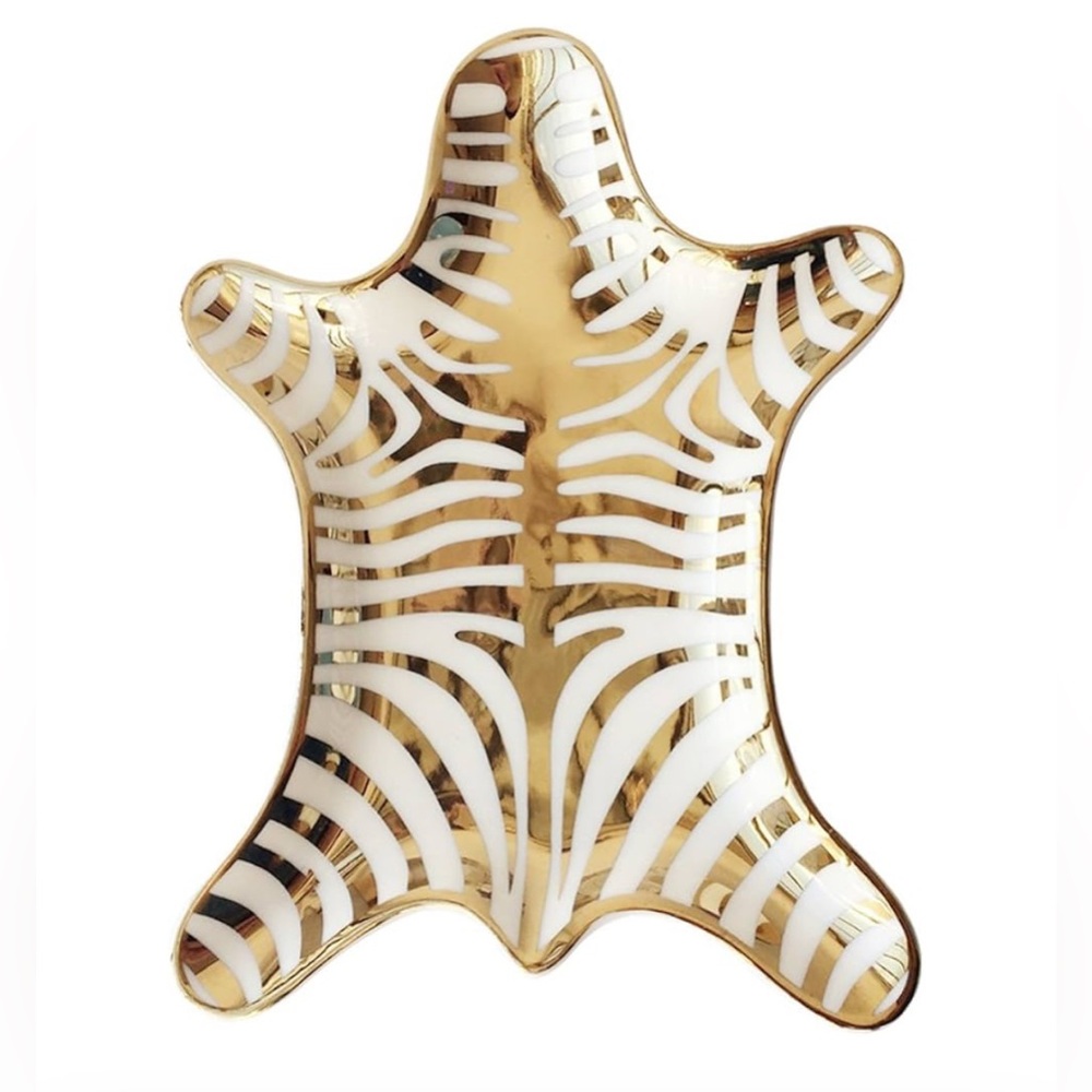 Zebra Stripe Jewelry Tray Ceramic Dishes Plate Gilded 5.9", Gold